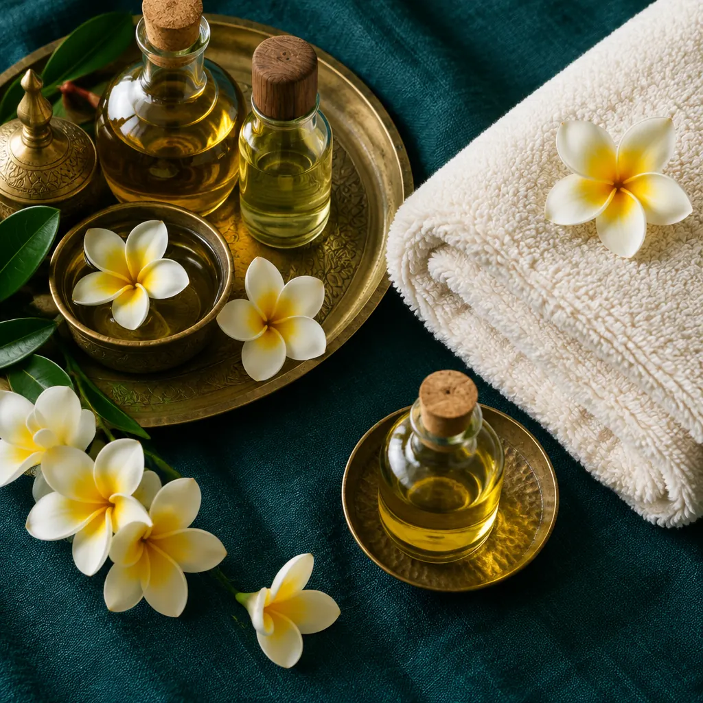 Oils, frangipani and towel on teal linen